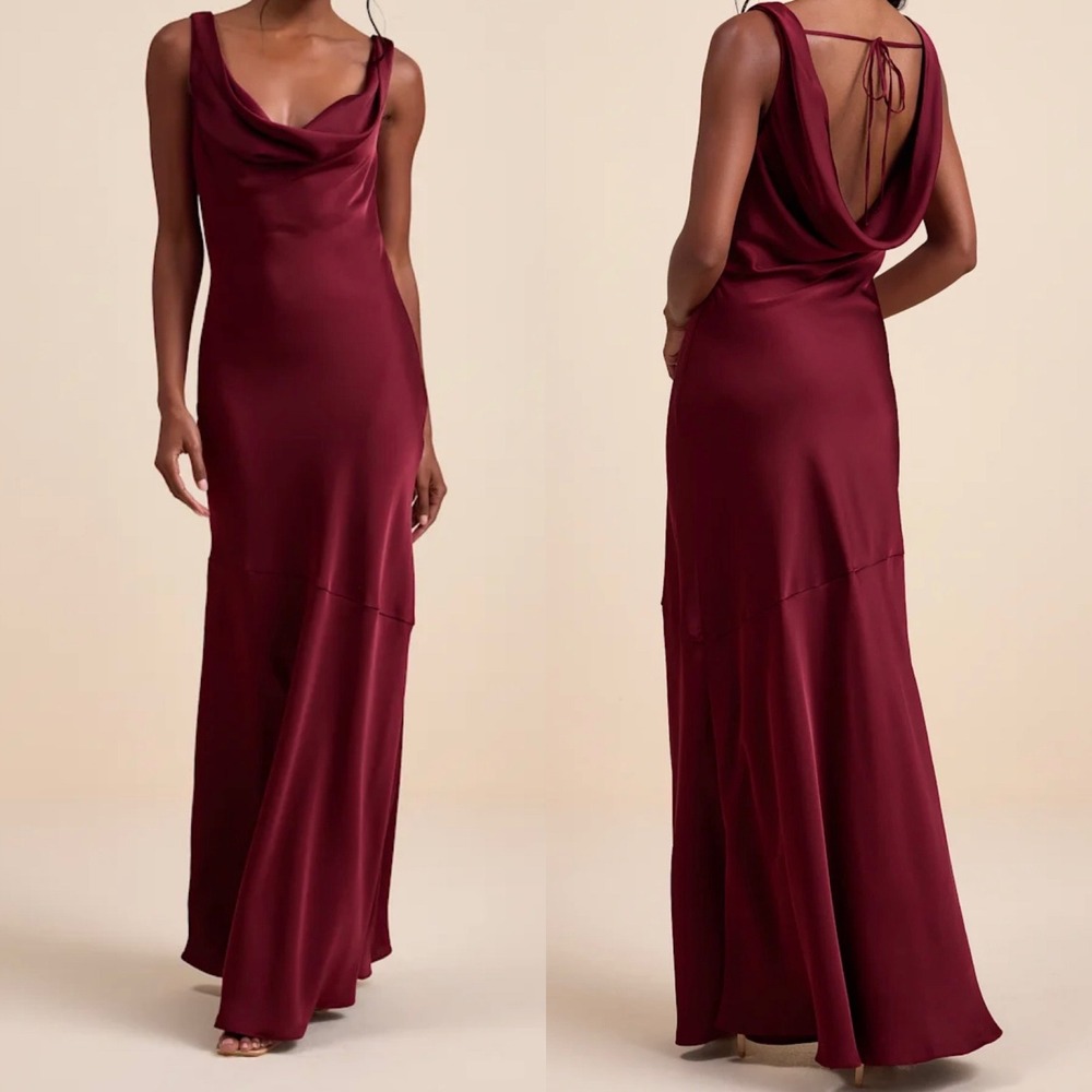 NWOT Lulus Size XL Aernah Wine Red Satin Cowl Tie-Back Slip Maxi Dress Formal